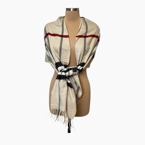 Plaid Scarf Wrap Fringe Beige Red Made In Germany Neutral Colors Soft 73 x 20